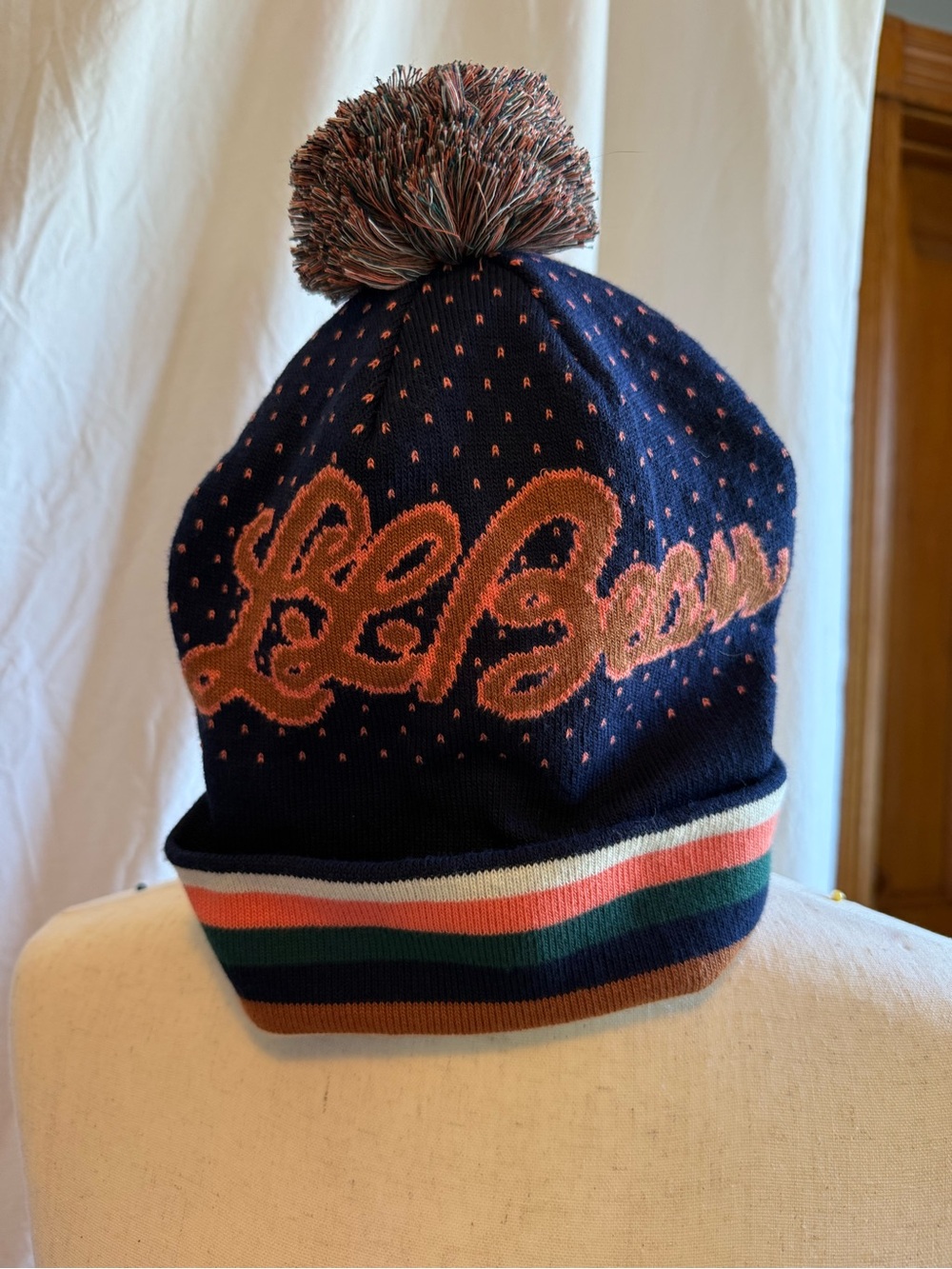L.L. Bean Navy Beanie with Coral Script & Multicolor Stripes